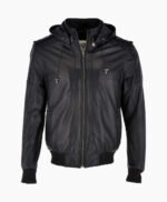 Men's Leather Hooded Bomber Jacket Black Abilene