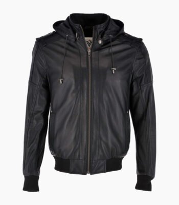 Men's Leather Hooded Bomber Jacket Black Abilene