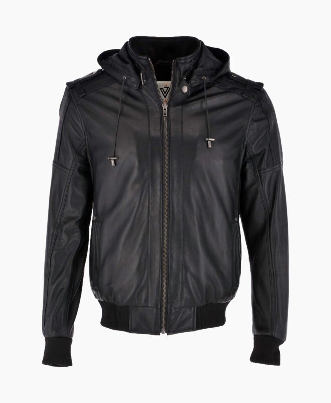 Men's Leather Hooded Bomber Jacket Black Abilene
