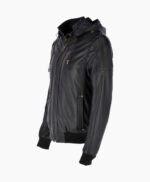 Men's Leather Hooded Bomber Jacket Black Abilene