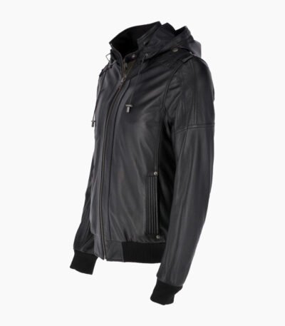 Men's Leather Hooded Bomber Jacket Black Abilene