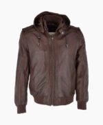 Men's Leather Hooded Bomber Jacket Brown Abilene