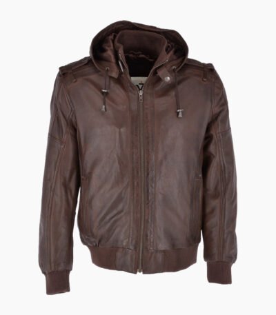 Men's Leather Hooded Bomber Jacket Brown Abilene