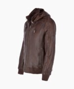 Men's Leather Hooded Bomber Jacket Brown Abilene