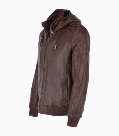 Men's Leather Hooded Bomber Jacket Brown Abilene