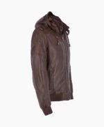 Men's Leather Hooded Bomber Jacket Brown Abilene
