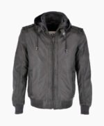 Men's Leather Hooded Bomber Jacket Gray Abilene