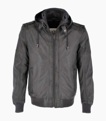 Men's Leather Hooded Bomber Jacket Gray Abilene