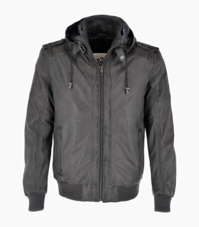 Men's Leather Hooded Bomber Jacket Gray Abilene