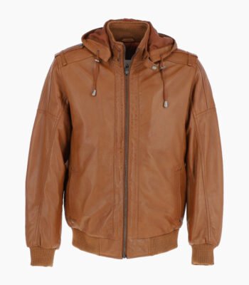 Men's Leather Hooded Bomber Jacket Tan Abilene