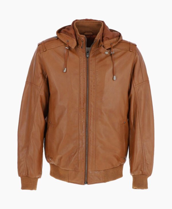 Men's Leather Hooded Bomber Jacket Tan Abilene