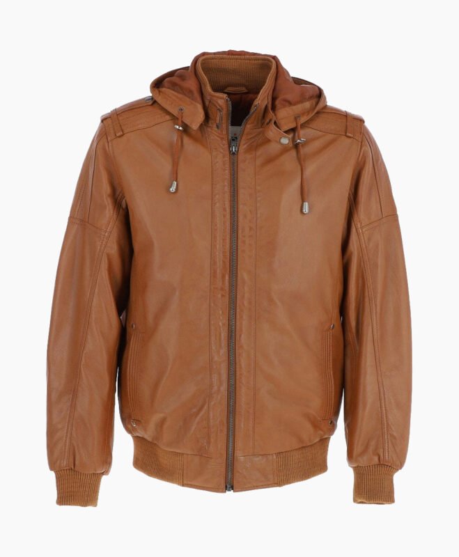 Men's Leather Hooded Bomber Jacket Tan Abilene