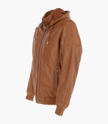 Men's Leather Hooded Bomber Jacket Tan Abilene