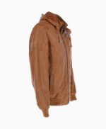 Men's Leather Hooded Bomber Jacket Tan Abilene