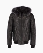 Men's Leather Hooded Bomber Jacket Black Baltimore