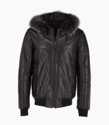 Men's Leather Hooded Bomber Jacket Black Baltimore