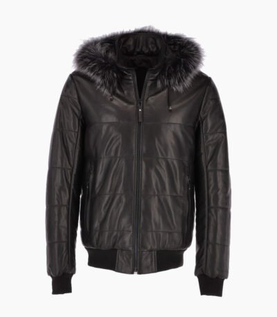 Men's Leather Hooded Bomber Jacket Black Baltimore