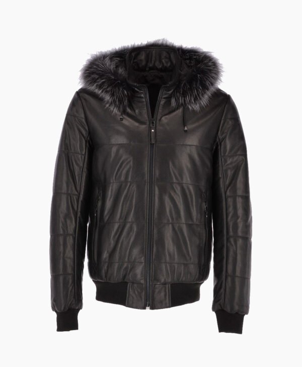 Men's Leather Hooded Bomber Jacket Black Baltimore