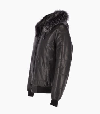 Men's Leather Hooded Bomber Jacket Black Baltimore