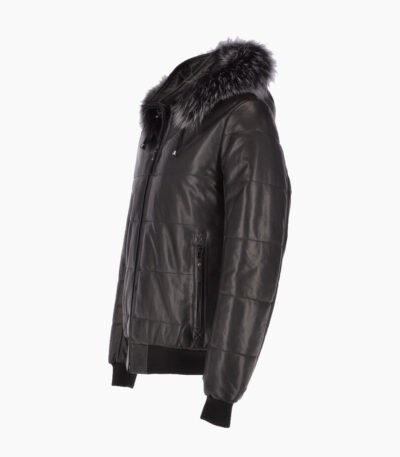 Men's Leather Hooded Bomber Jacket Black Baltimore