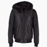 Men's Leather Hooded Bomber Jacket Dark Blue Baltimore