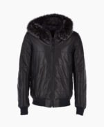 Men's Leather Hooded Bomber Jacket Dark Blue Baltimore