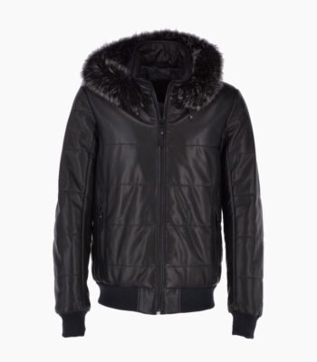 Men's Leather Hooded Bomber Jacket Dark Blue Baltimore