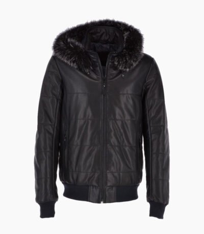 Men's Leather Hooded Bomber Jacket Dark Blue Baltimore