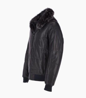 Men's Leather Hooded Bomber Jacket Dark Blue Baltimore