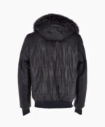 Men's Leather Hooded Bomber Jacket Dark Blue Baltimore