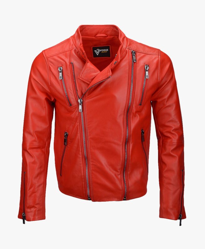 Men's Leather Biker Jacket Red Irvine