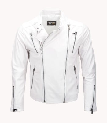 Men's Leather Biker Jacket White Irvine