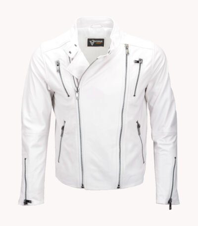 Men's Leather Biker Jacket White Irvine