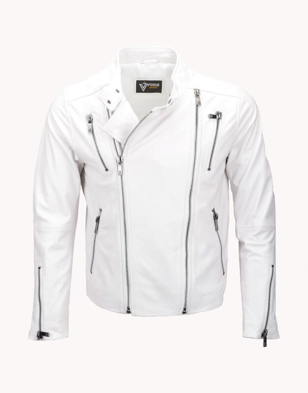 Men's Leather Biker Jacket White Irvine