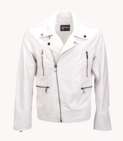 Men's Leather Biker Jacket White Pittsburgh