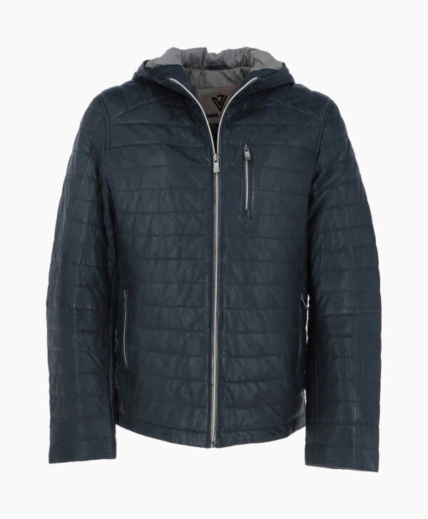 Men's Leather Hooded Jacket Navy Lexington