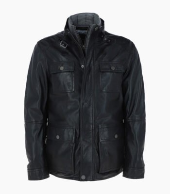 Men's Leather Jacket Detachable Collar Black Orlando