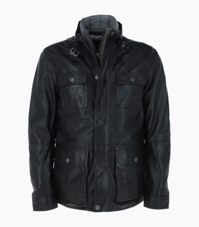 Men's Leather Jacket Detachable Collar Black Orlando