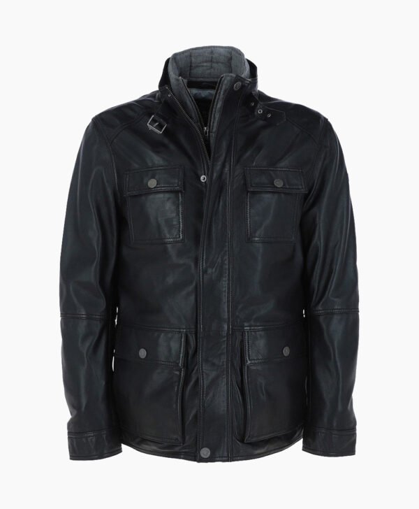 Men's Leather Jacket Detachable Collar Black Orlando