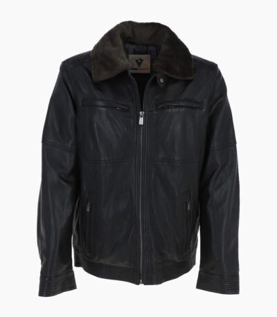 Men's Leather Jacket Detachable Collar Black Stockton
