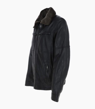 Men's Leather Jacket Detachable Collar Black Stockton