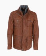 Men's Leather Jacket Detachable Collar Brown Orlando