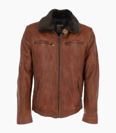 Men's Leather Jacket Detachable Collar Brown Stockton