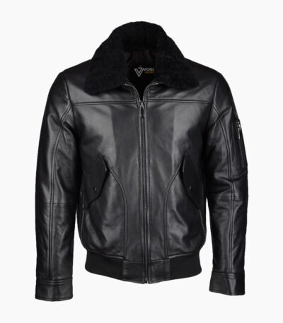 Men's Leather Jacket Shearling Collar Black Buffalo