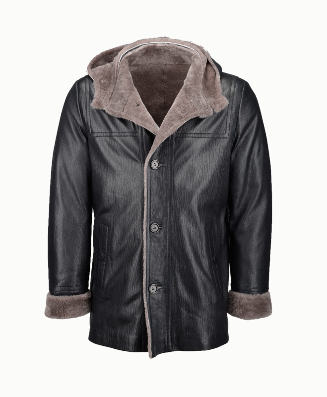 Men's Lambskin and Sheepskin Hooded Jacket Black Amarillo