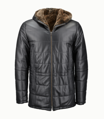 Men's Lambskin and Sheepskin Hooded Jacket Black Tampa