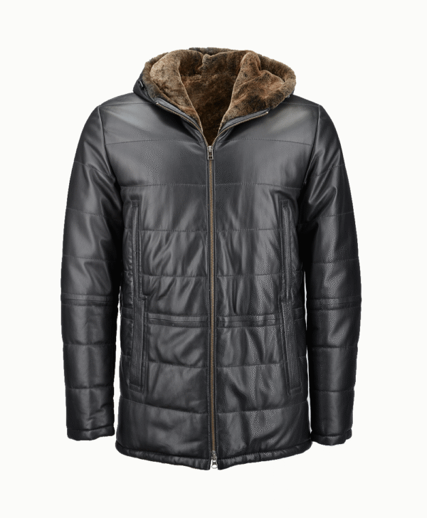 Men's Lambskin and Sheepskin Hooded Jacket Black Tampa