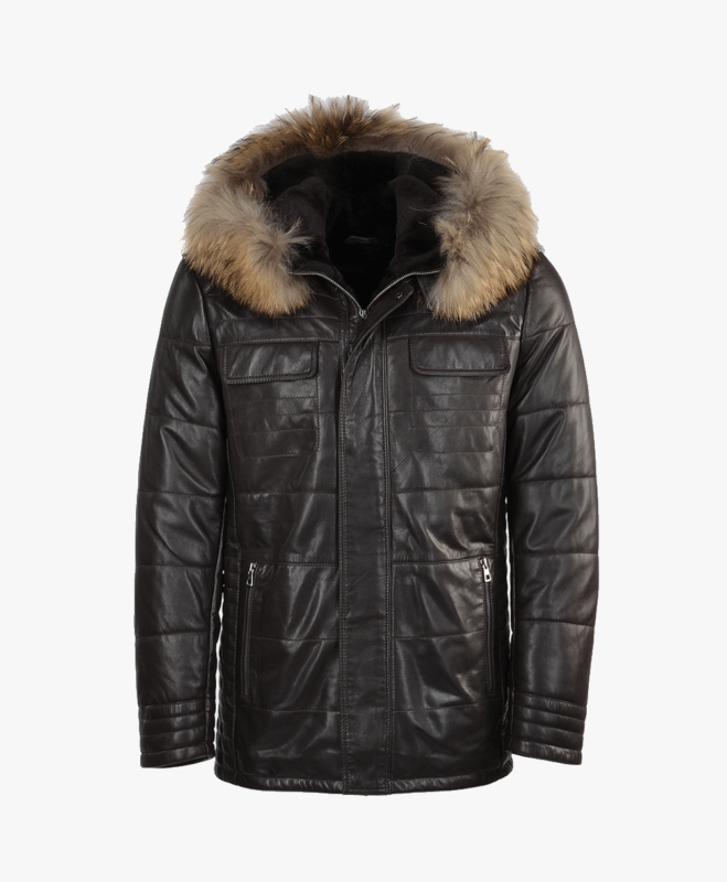 Men's Lambskin and Sheepskin Hooded Jacket Brown Moline