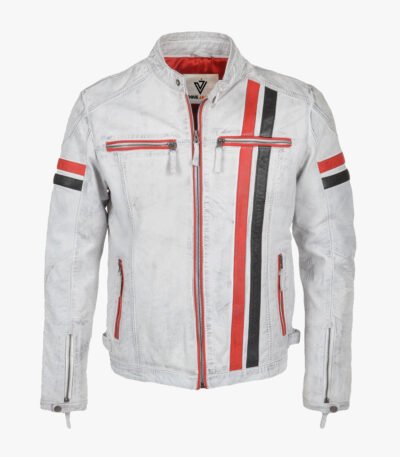 Men's Leather Biker Jacket White Fremont