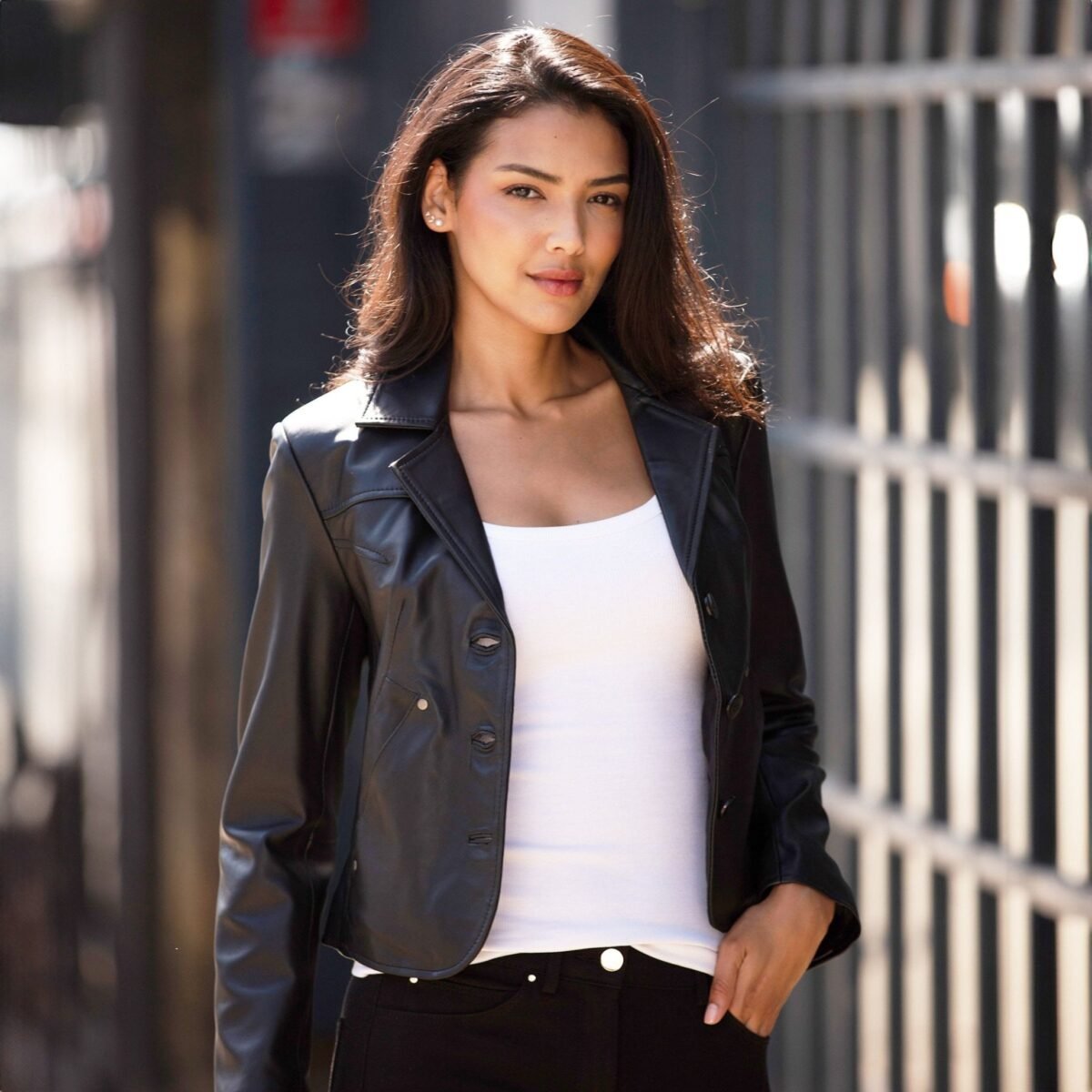 Womens Leather Blazer Jacket Black Alameda